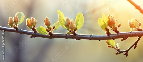 Selective focus and copy space background with tree buds opening in early spring