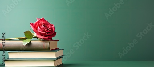 A poster with a rose on books celebrating Sant Jordi s Day and International Book Day on a green background with shadows and space for copy photo