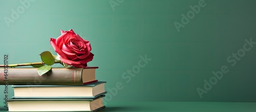 A poster with a rose on books celebrating Sant Jordi s Day and International Book Day on a green background with shadows and space for copy