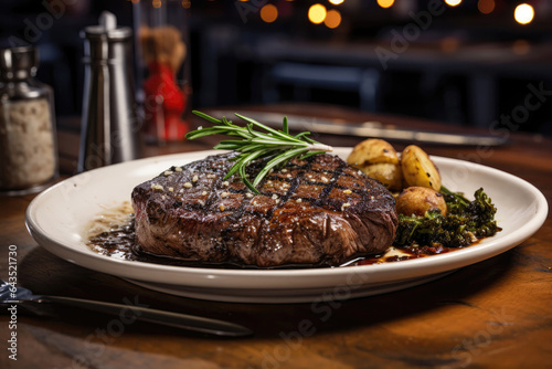 Dish Ribeye Steak On Table In Industrialstyle Cafe. Сoncept Industrial Style Cafe Dining, Ribeye Steak Preparation, Table Settings For Ribeye Steak, Serving Dishes For Restaurant Meals photo