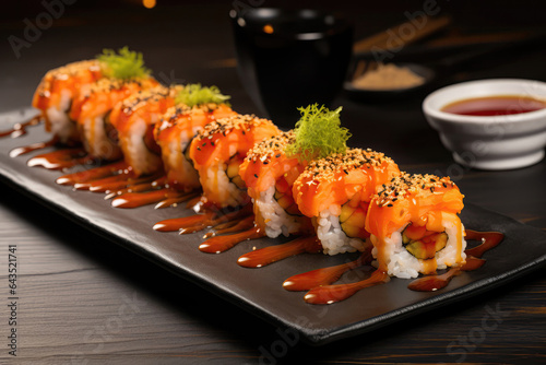 Dish Shrimp Sushi On Table In Industrialstyle Cafe. Сoncept Industrial Style Cafe Decor, Shrimp Sushi Dish, Creative Plating Ideas, Table Setting Inspiration