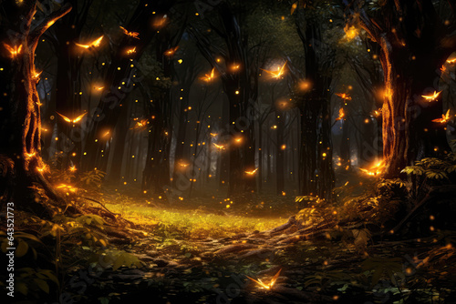 Fireflies Creating Magical Dance In Moonlit Woodland Clearing. Сoncept Capturing The Fireflies Magical Dance, Allure Of The Moonlit Woodland Clearing, Shamanic Use Of Fireflies