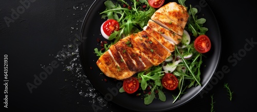 Top view of a healthy keto paleo meal baked chicken breast green salad black background copy space photo