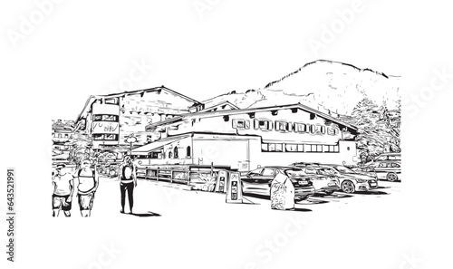 Building view with landmark of Saalbach is the municipality in Austria. Hand drawn sketch illustration in vector.