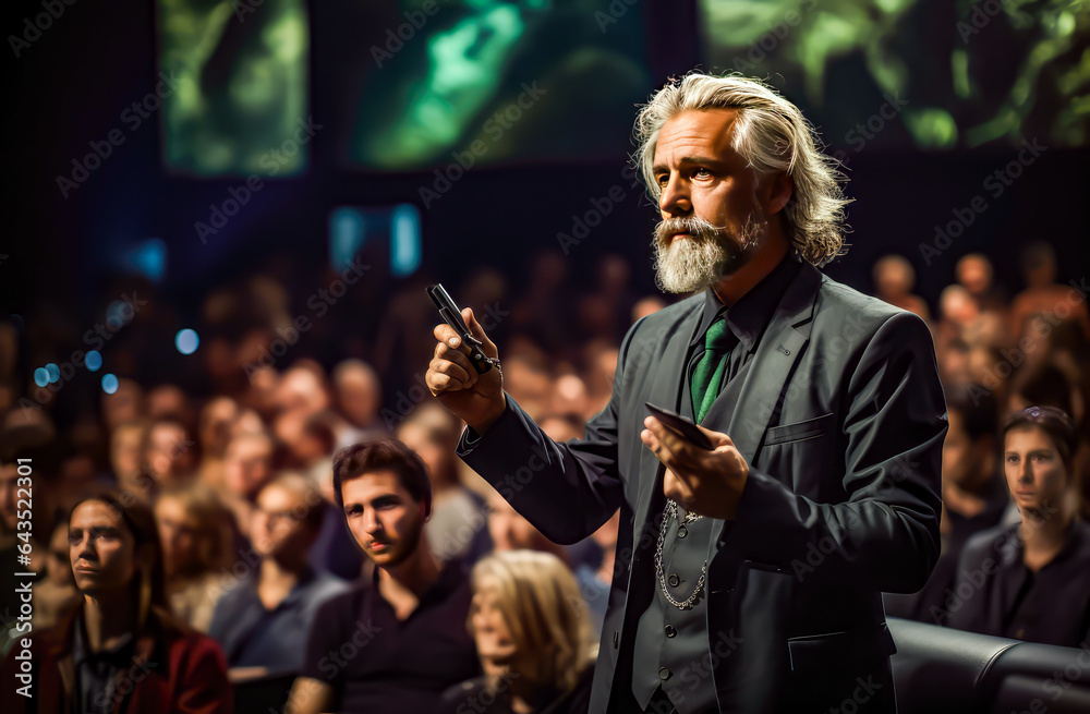 Fototapeta premium a man is giving a lecture at a crowd with a tablet and a giant screen
