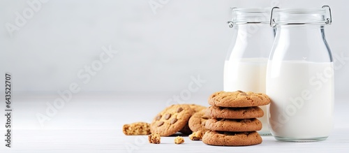 Text space with oatmeal cookies and milk in a jar on a white table