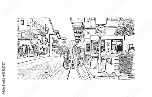 Building view with landmark of Saalbach is the municipality in Austria. Hand drawn sketch illustration in vector.