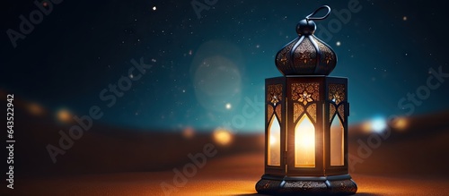 Engraved Arabic lantern emitting light rays and stars in the background Ramadan kareem translation Blessed Ramadan