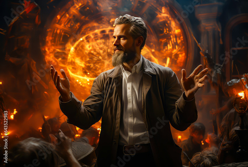 a man is giving a lecture in a magic or fantasy class with an orb of fire in the background.