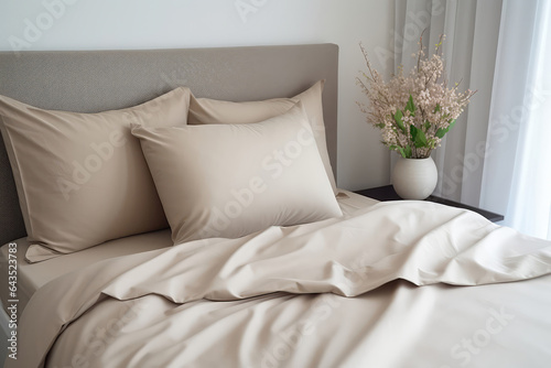 Modern Room With Pillow Bed With Beige Linen Linens Closeup. Сoncept Pillow Beds, Modern Rooms, Beige Linens, Linen Closeup photo