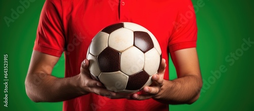 Young man in red t shirt holding soccer ball isolated on green background for chroma key