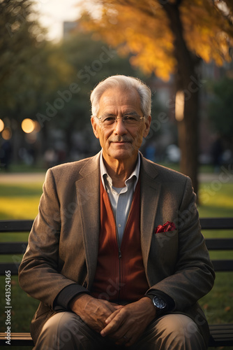 portrait image of a handsome old professor, in a park, in sunset, wearing a jacket, sitting in a chair. Image created using artificial intelligence.
