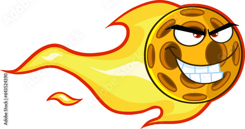 Pickleball Ball Cartoon Character With A Trail Of Flames. Vector Hand Drawn Illustration Isolated On Transparent Background