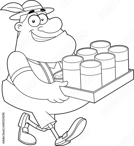 Outlined Oktoberfest Man Cartoon Character In Traditional Bavarian Clothes Carrying Beer Glasses. Vector Hand Drawn Illustration Isolated On Transparent Background