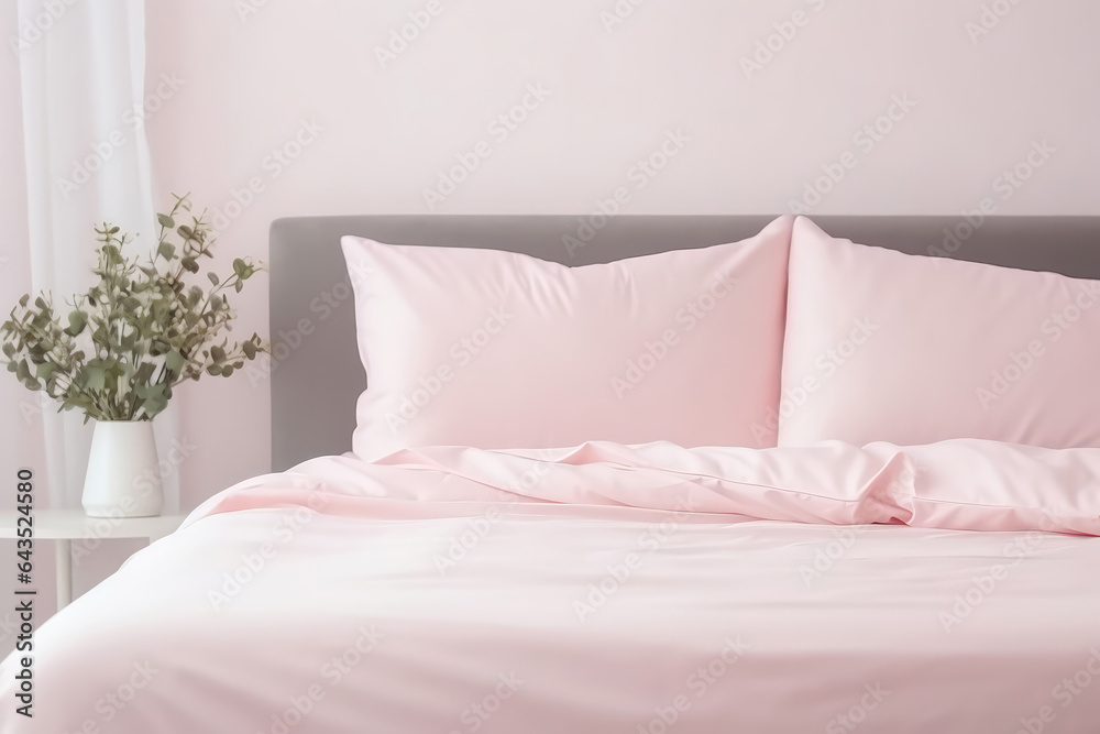Modern Room With Pillow Bed With Pink Linen Linens Closeup . Сoncept Colorful Bedroom Design Inspiration, How To Style A Pillow Bed, Cozy Bedroom Textile Ideas, Benefits Of Using Pink Linens