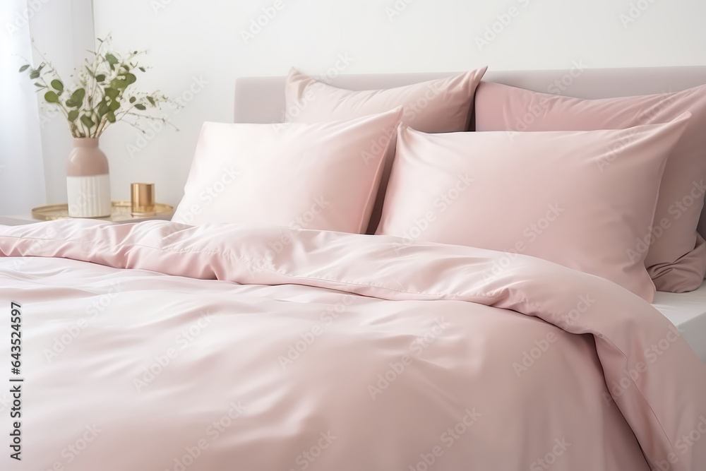 Modern Room With Pillow Bed With Pink Linen Linens Closeup. Сoncept Brightly Coloured Bedrooms, Pillow Bed Style Beds, Modern Bedroom Essentials, Pretty Pink Linens
