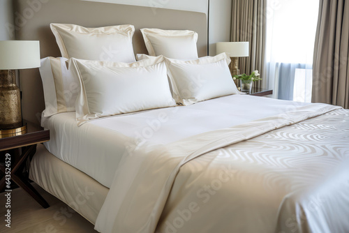 Modern Room With Pillow Bed With Cream Silk Linens . Сoncept Creating Luxurious Bedrooms, Statement Headboards, Pillow Bed Comfort, Decorating With Silk Linens