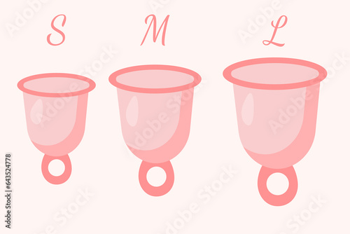 Feminine menstruation cup set. Different sizes of cups S, M, L. Womans menstrual care. Illustration of intimate hygiene products.