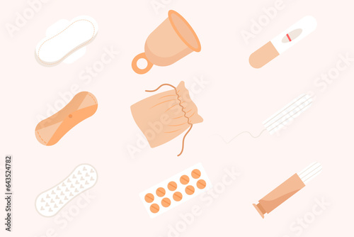 Sanitary napkin, women menstrual pad, tampon, reusable pad, menstrual cup underpants with menstruation blood isolated on white background.