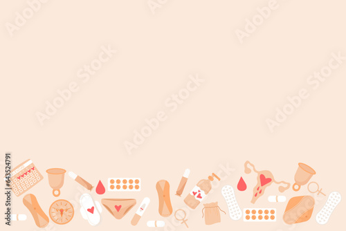 Menstrual period products isolated on beige background. Copy space for promotion for pharmacy, tampons, hygiene pads, menstrual cup, panties.