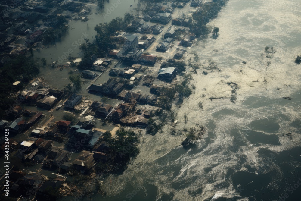 aerial view of a village in the middle of the Mekong River, Aerial POV view Depiction of flooding. devastation wrought after massive natural disasters, AI Generated
