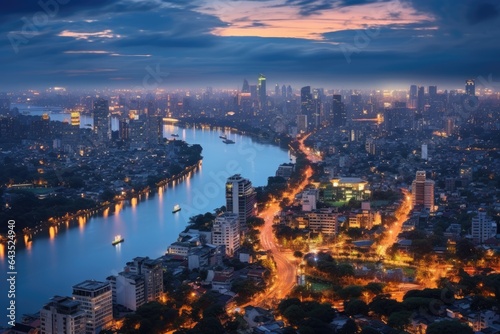 Chao Phraya River and cityscape at twilight, Bangkok, Thailand, Aerial skyline view of Hanoi. Hanoi cityscape at twilight, AI Generated