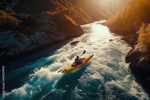 Aerial view of a man kayaking on the mountain river. Aerial top view Extreme sport kayak sails mountain river with sun light, AI Generated