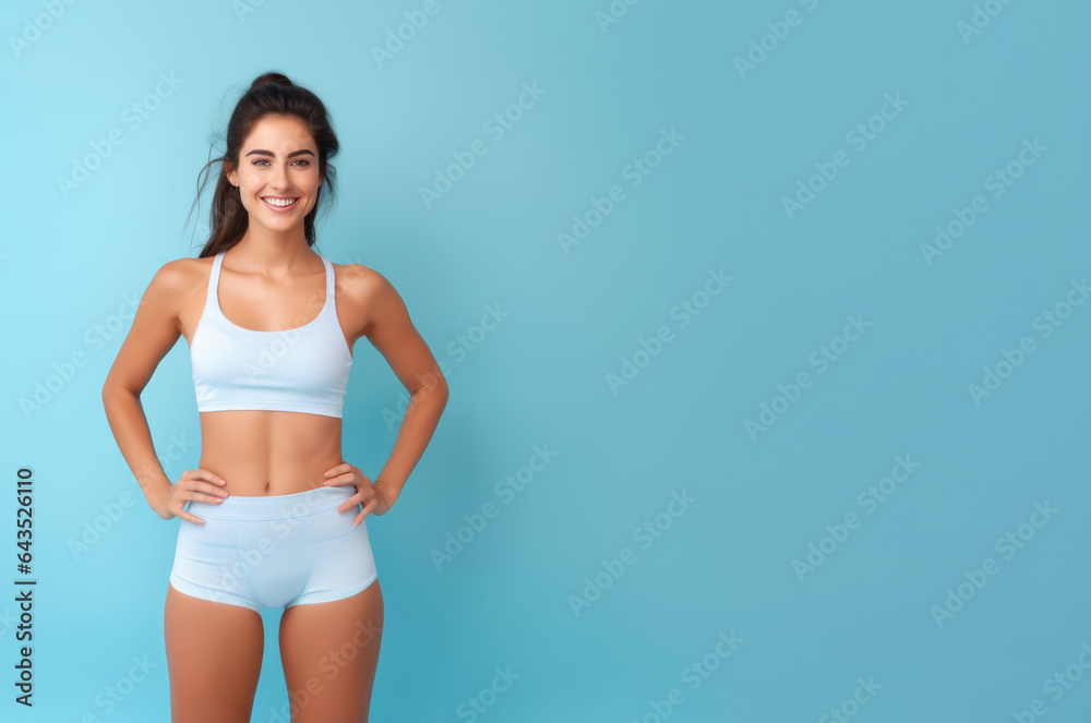 Young smiling fitness woman on blue background with copy space Young smiling fitness woman on blue background with copy space