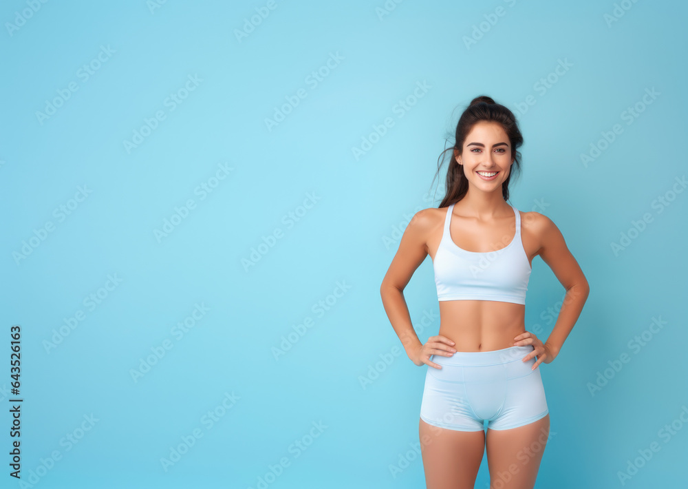 Young smiling fitness woman on blue background with copy space Young smiling fitness woman on blue background with copy space
