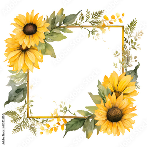 Watercolor sunflower frames, orange sunflower, design for wedding invitations, to decorate any design on a white background. Ai generated