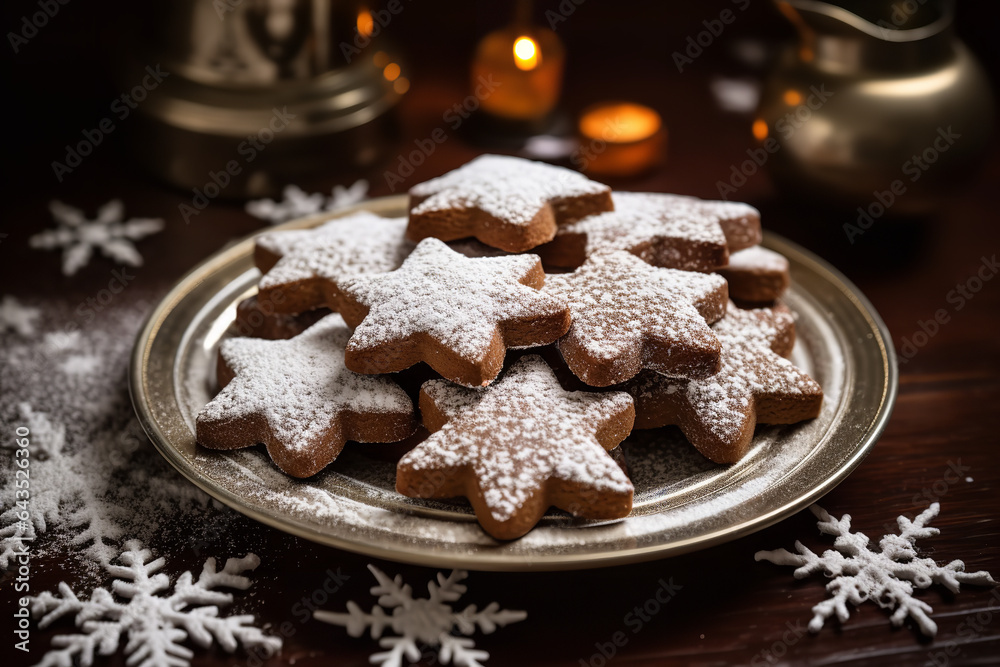 A plate overflows with gingerbread stars, lightly dusted with powdered sugar, capturing the essence of festive indulgence A plate overflows with gingerbread stars, lightly dusted with powdered sugar, capturing the essence of festive indulgence