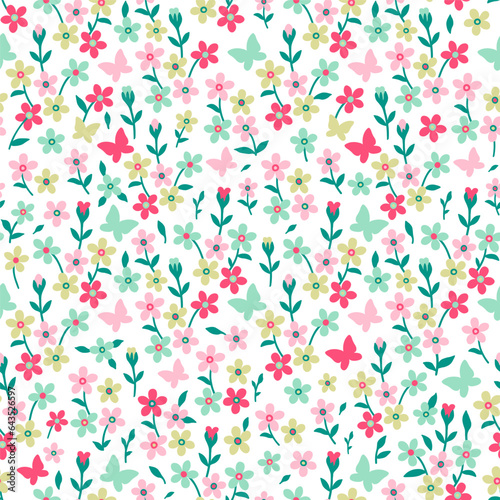 Pattern of pink green and fuchsia flowers and butterflies.