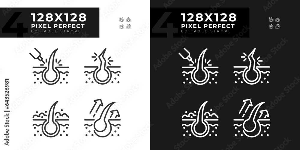 Fototapeta premium Pixel perfect dark and light icons set representing haircare, editable thin line illustration.