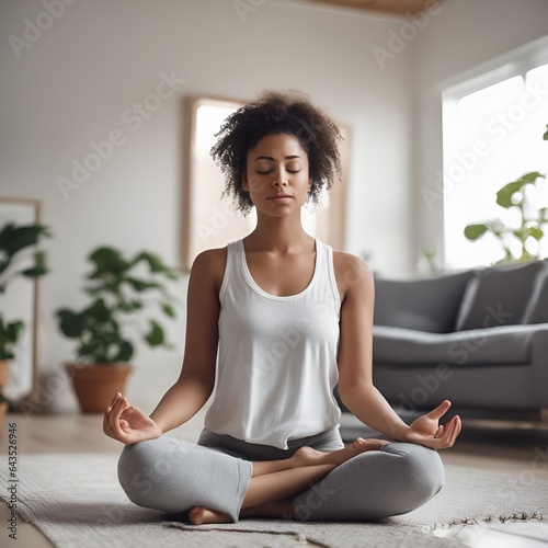 Healthy serene young woman meditating at home with eyes closed, relaxing body and mind sitting on floor in living room. Mental health and meditation for no stress.  photo