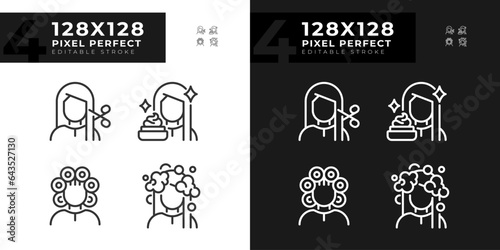Collection of pixel perfect dark and light icons set representing haircare, editable thin line illustration.