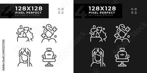 2D pixel perfect dark and light thin line icons set representing haircare, editable illustration.