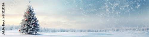 anner or header with christmas trees and forest in a winter landscape photo