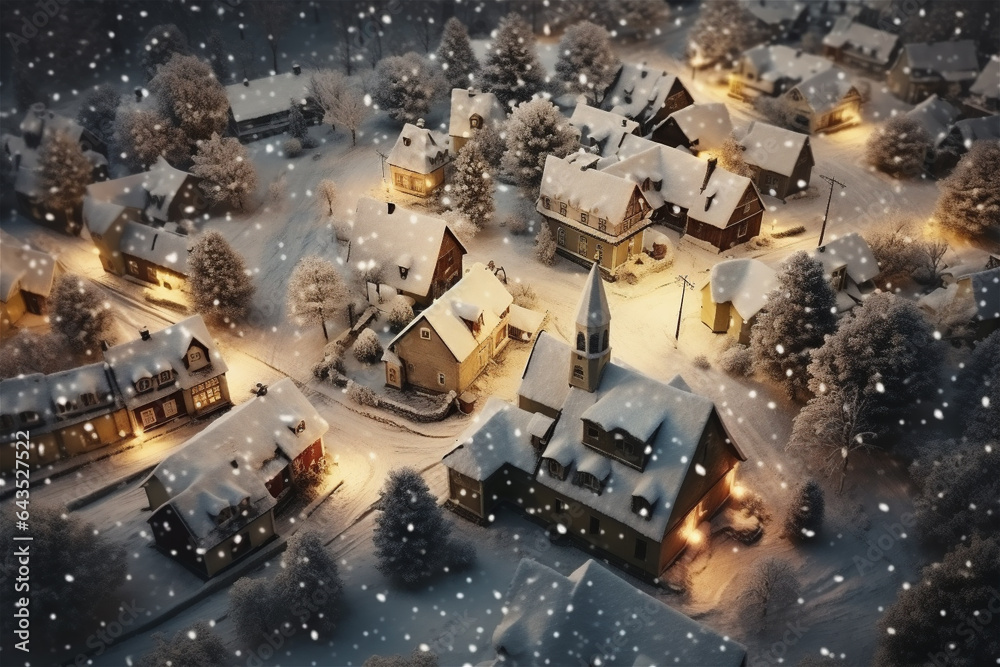 wonderful fairy christmas or xmas winter village by night - obrazy, fototapety, plakaty 