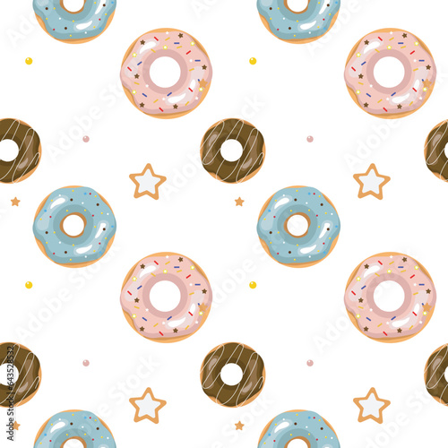 Vector seamless pattern of sweet donuts. Gentle sweet blue-pink pattern. Food pattern.