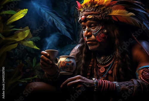 Portrait of a beautiful native American woman with a cup of coffee.