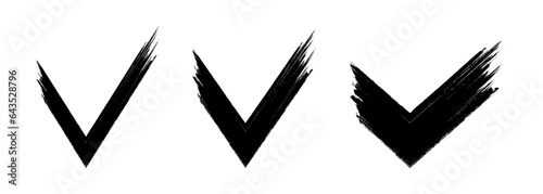 Tick v sign set. Brush stroke. Collection of black grunge check mark icons. Mark graphic design. OK button for vote, decision, web. Symbol of correct, check, approved. Vector illustration