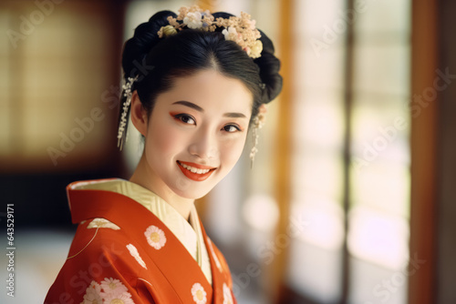 Portrait of beautiful young japanese geisha wearing traditional clothes. Pretty oriental asian woman. Cultural and ethnic diversity.