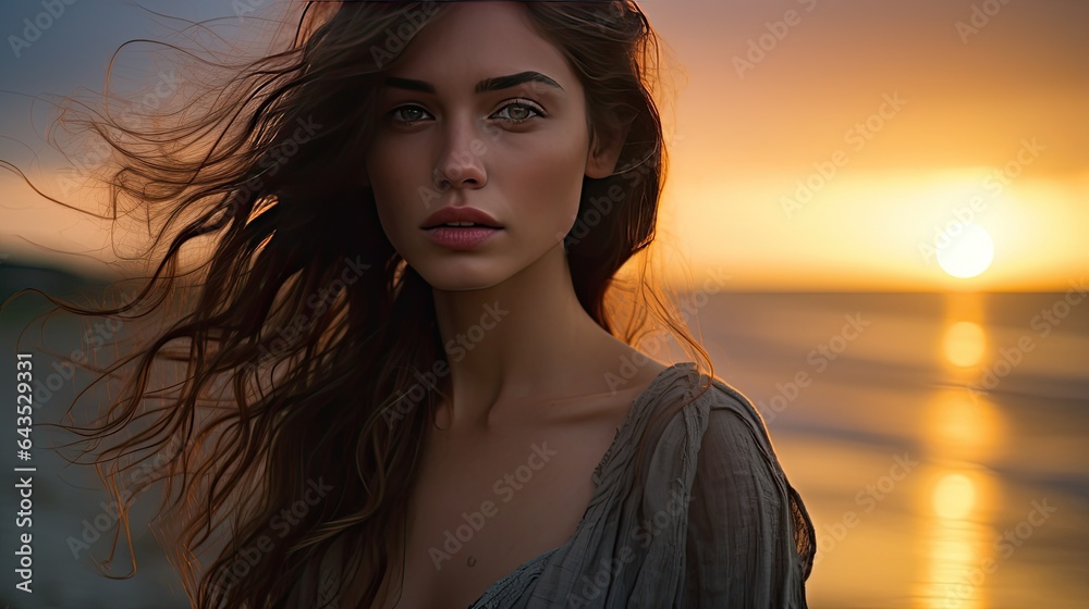Model showing melancholy during a beach sunset backdrop