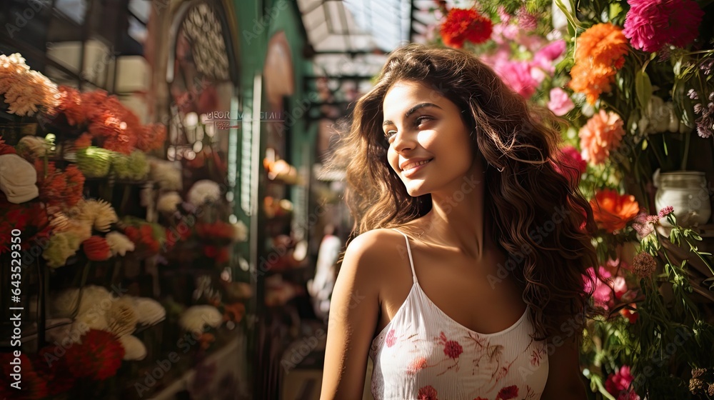 Model showing off a flirty wink amidst a vibrant flower market