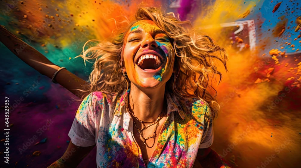 Model with playful laughter in a colorful festival setting