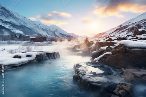 Captivating view of misty geothermal waters, nestled amidst snowy peaks providing a serene ambiance