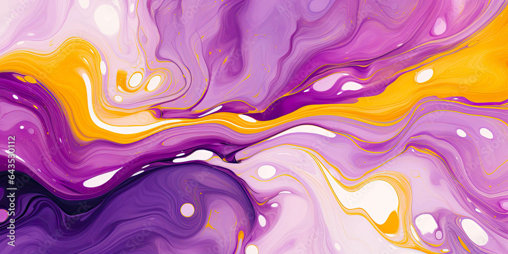 Dynamic marbled oil and acrylic abstract art. Yellow and Purple blend fluidly, forming a captivating, marbled paper texture. Ideal for wallpapers, banners, and illustrations.