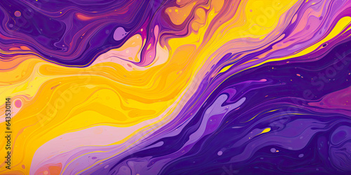 Dynamic marbled oil and acrylic abstract art. Yellow and Purple blend fluidly  forming a captivating  marbled paper texture. Ideal for wallpapers  banners  and illustrations.