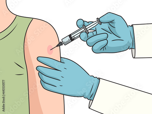 Vaccination. Injection of the vaccine with a syringe into the shoulder diagram schematic raster illustration. Medical science educational illustration