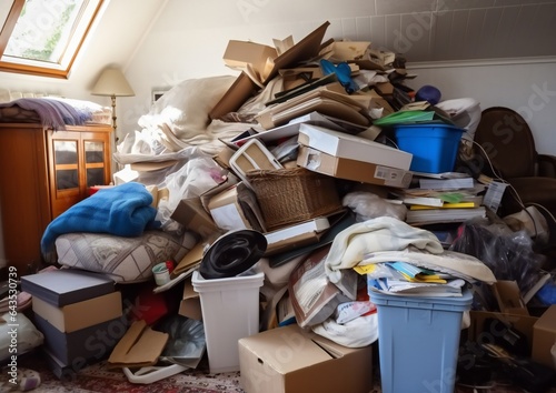 Hoarder room packed with boxes, electronics, business equipment photo